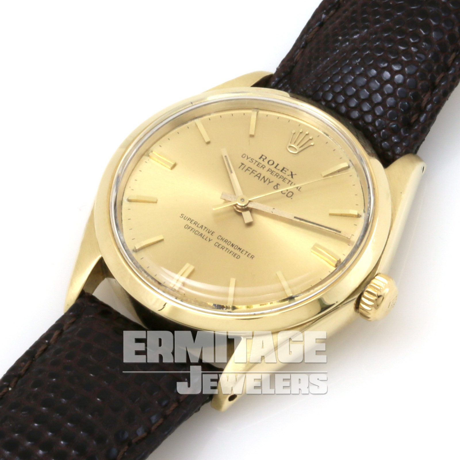 Vintage Rolex 1005 34 mm Yellow Gold on Strap, Smooth Bezel